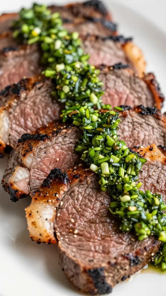 sliced grilled flank steak with chimichurri drizzle, closeup
