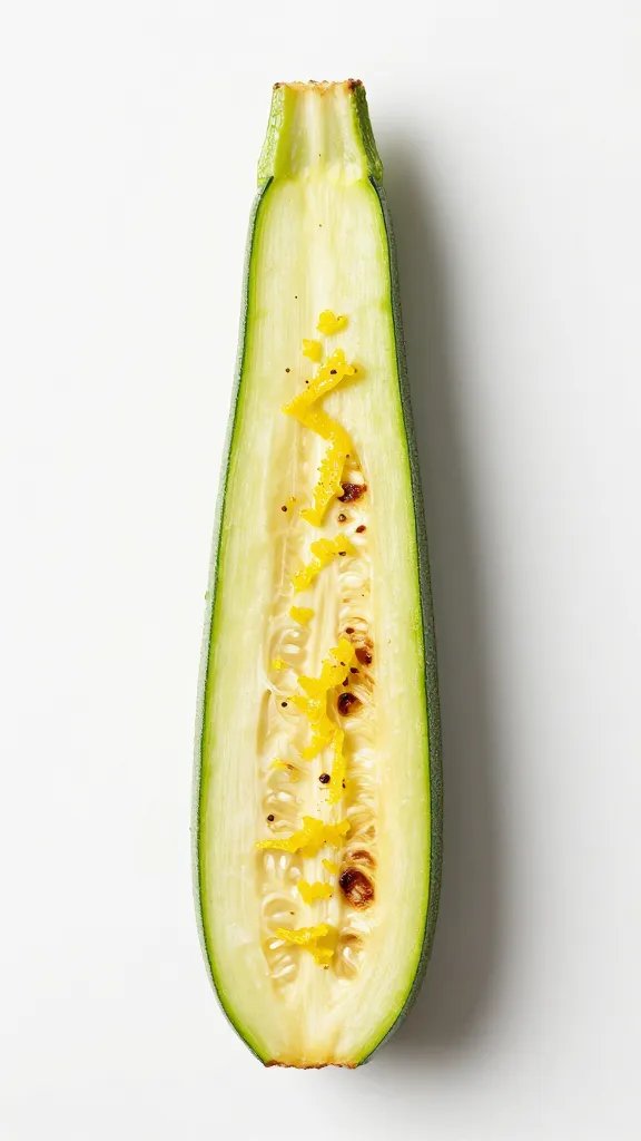 single charred zucchini spear with lemon zest, macro