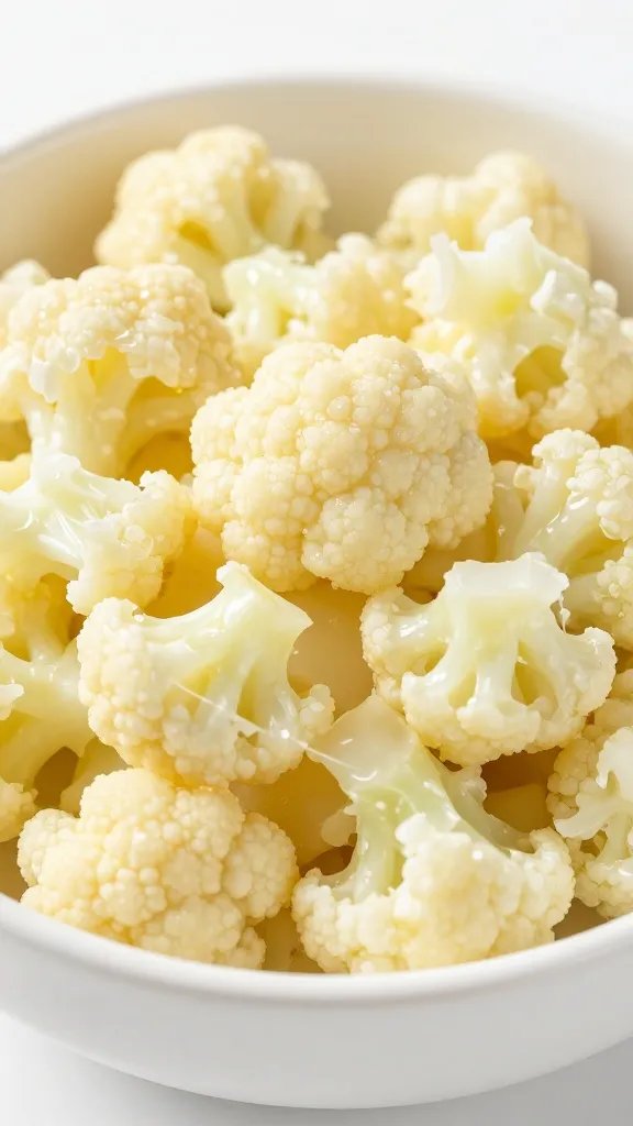 closeup of cauliflower “potato” salad in white bowl