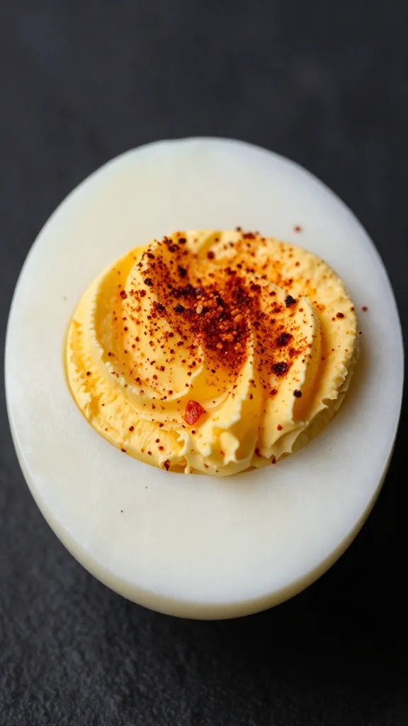 single deviled egg topped with smoked paprika, macro