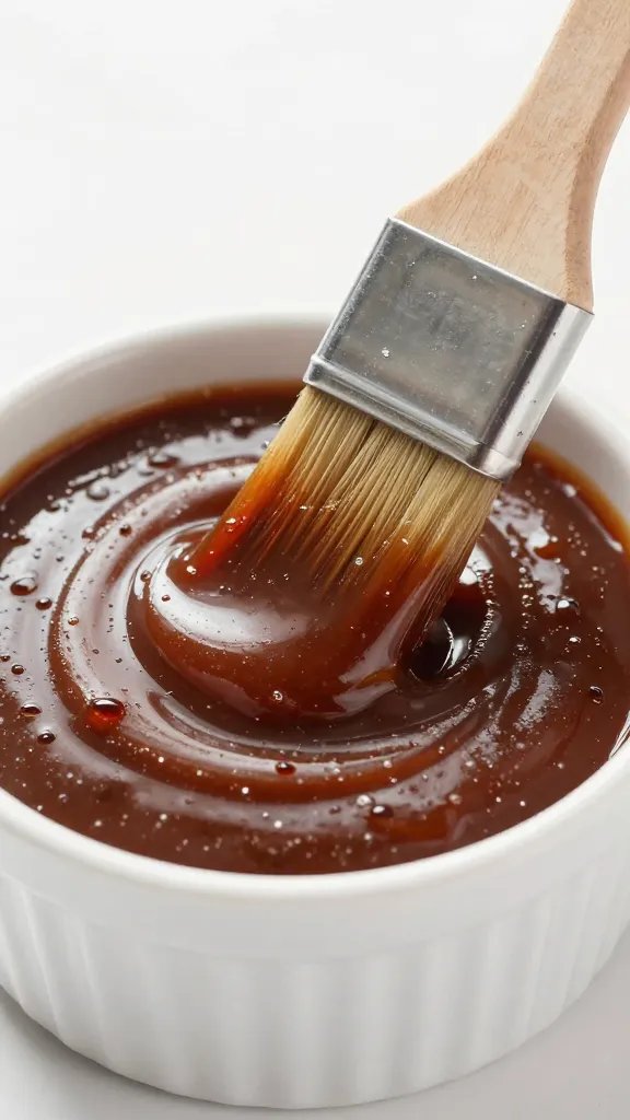 ramekin of sugar-free barbecue sauce with brush, closeup