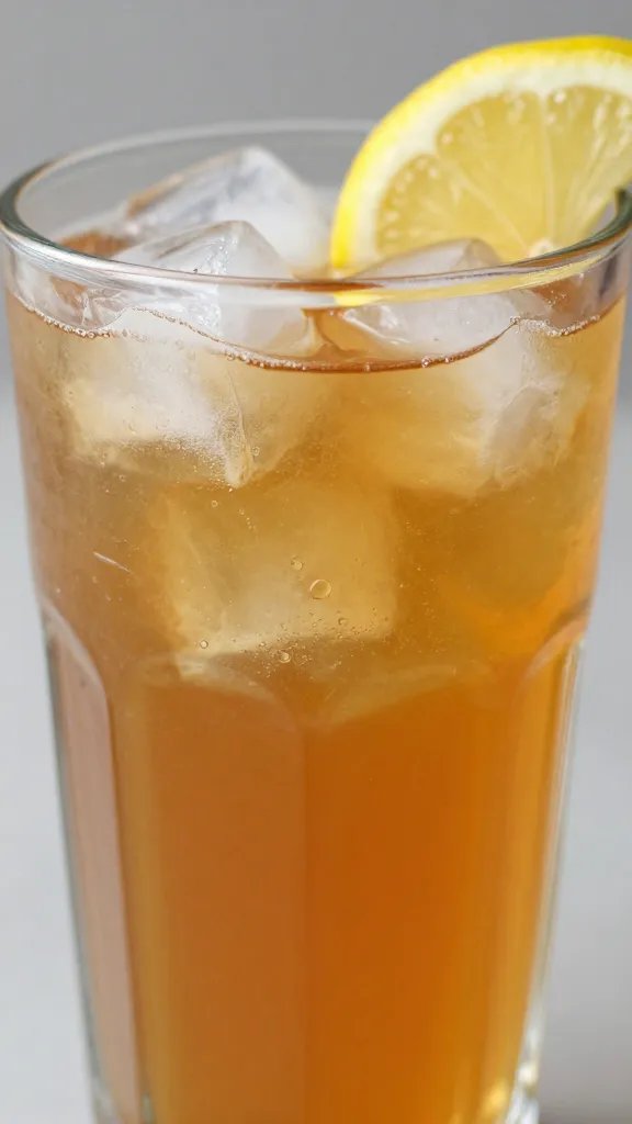 glass of unsweetened iced tea with lemon wedge, closeup