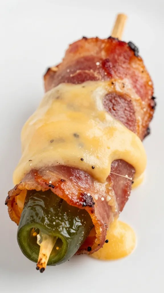 single bacon-wrapped jalapeño popper, melted cheese closeup