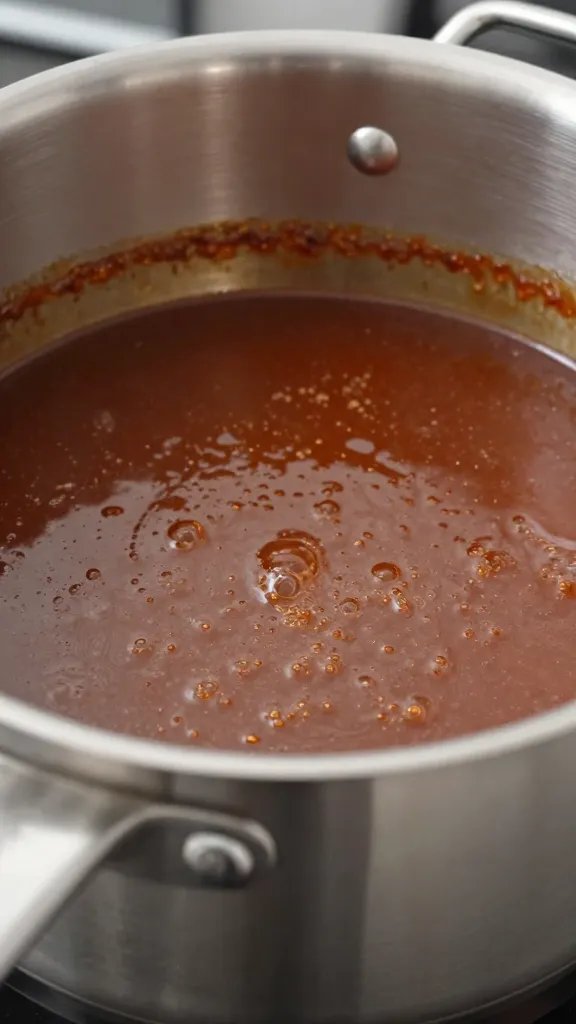 closeup of simmering bbq sauce in stainless saucepan