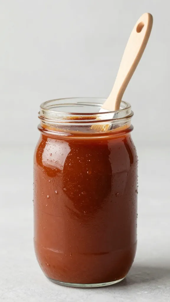 single mason jar of bbq sauce with basting brush
