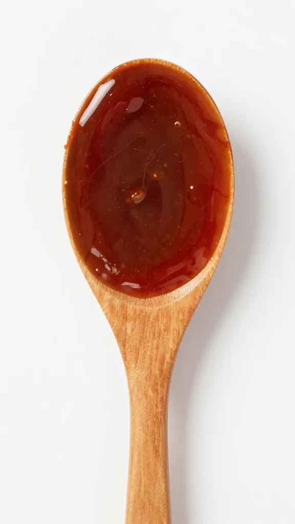 wooden spoon coated in glossy bbq sauce