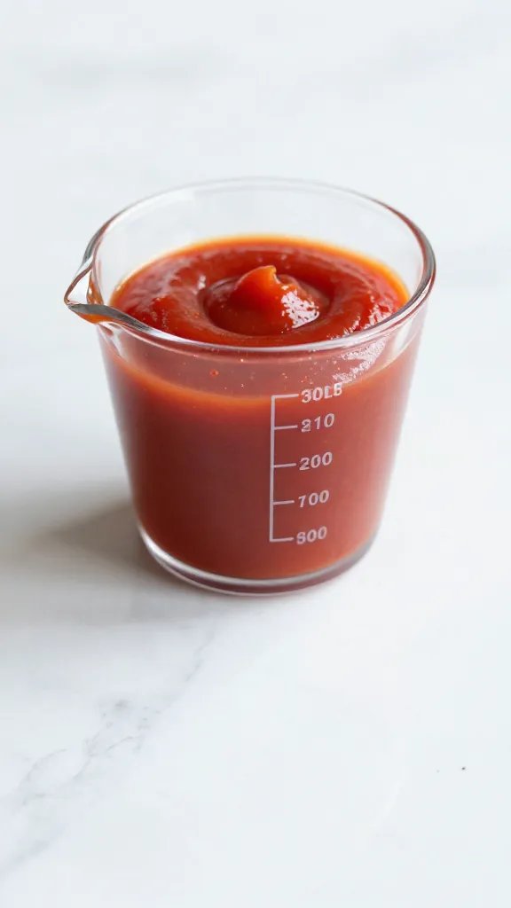 measuring cup filled with ketchup on marble counter