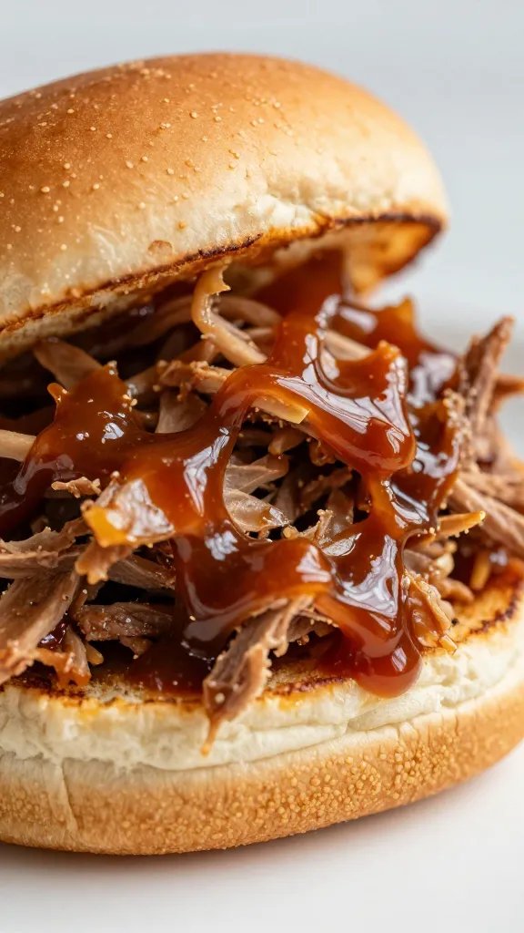 pulled pork slider drizzled with bbq sauce, closeup
