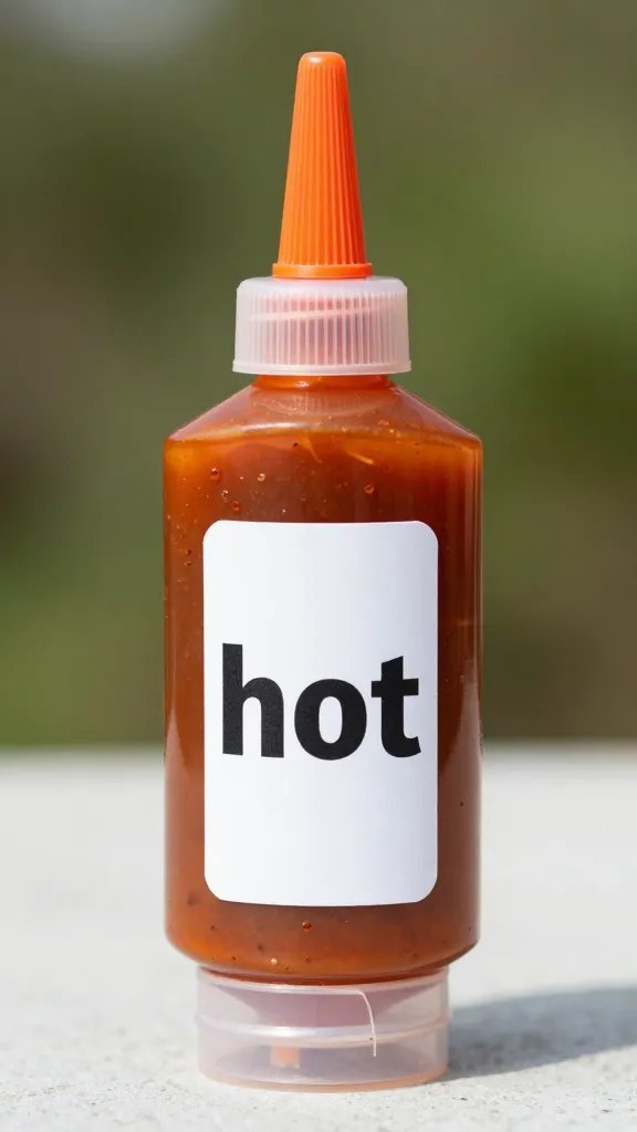 squeeze bottle of spicy chipotle bbq labeled “hot”