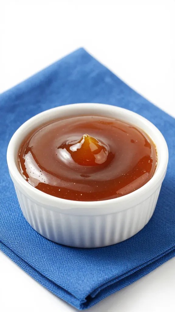 ramekin of maple bourbon glaze on blue napkin