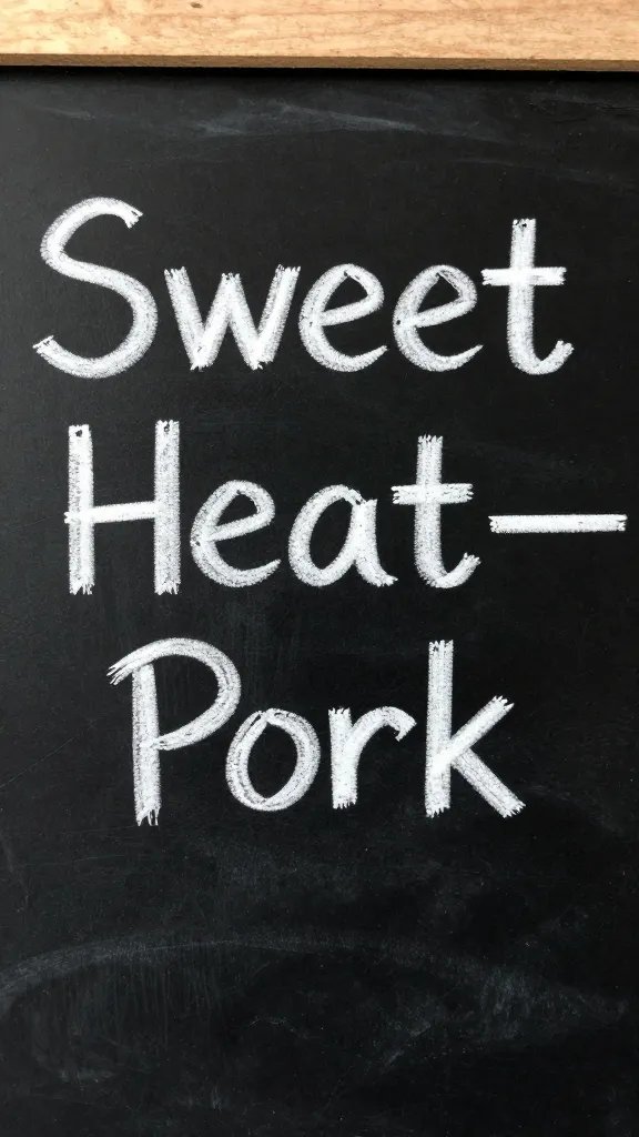 chalkboard label reading “Sweet Heat—Pork” closeup