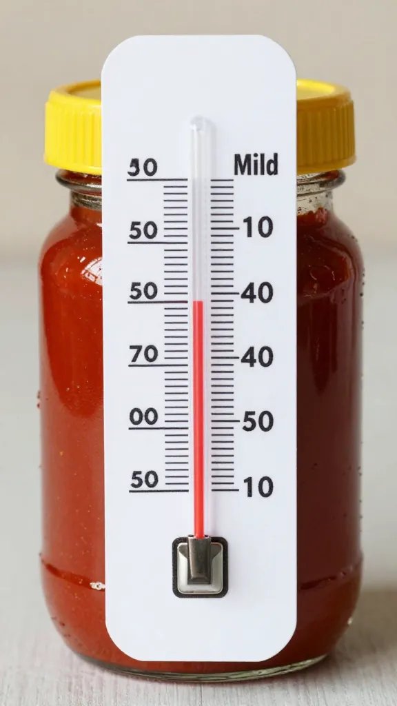 thermometer card labeled “Mild” clipped to sauce jar