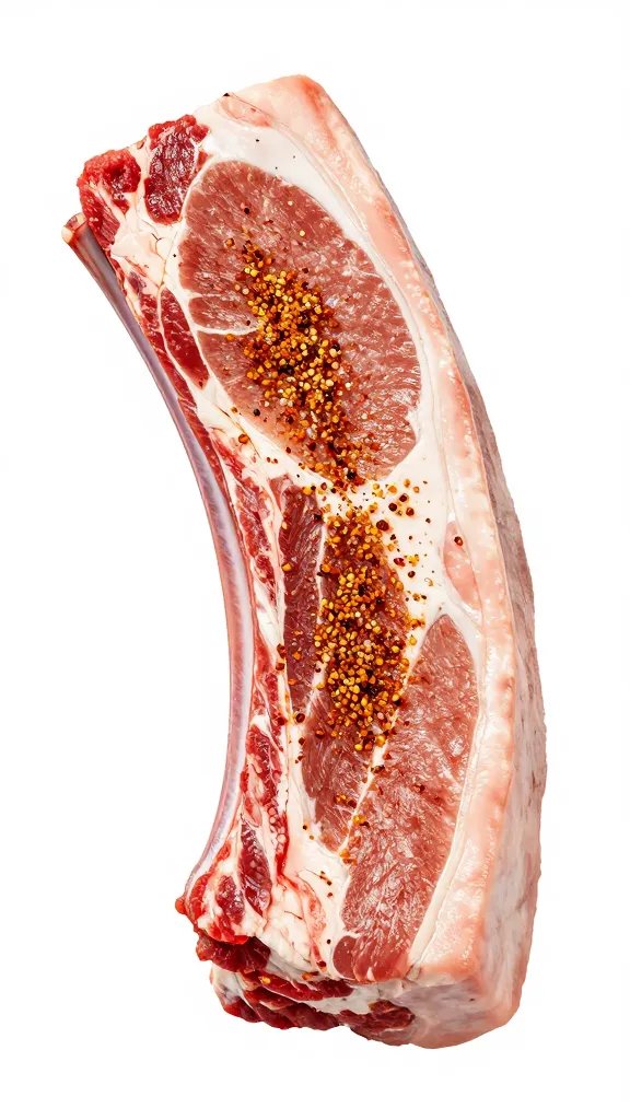 Single raw pork rib rack sprinkled with dry rub