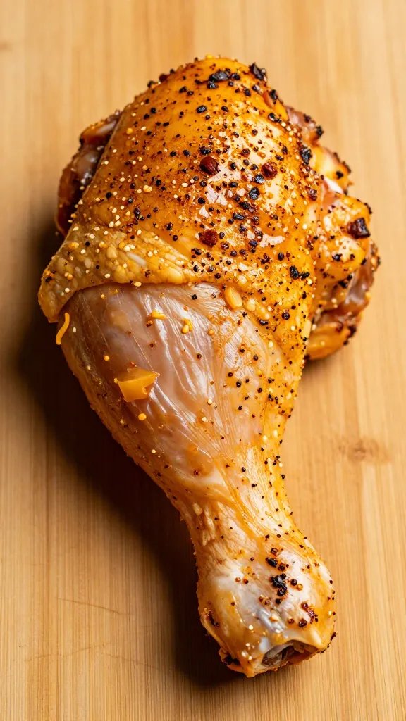 Single chicken thigh coated in dry rub on board