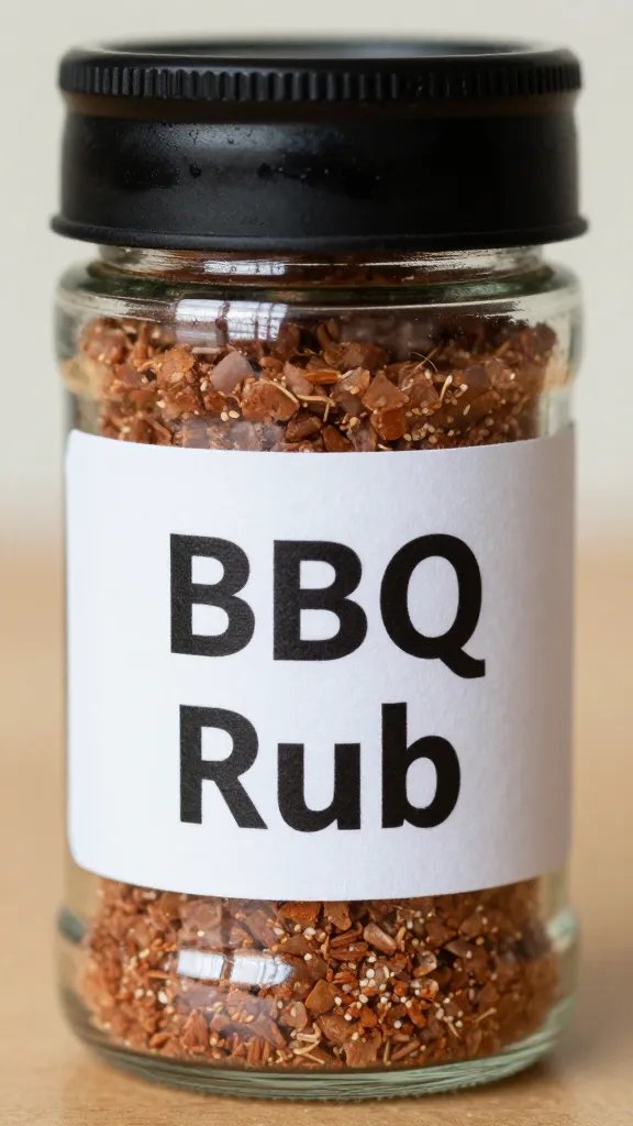 Small glass jar labeled “BBQ Rub,” sealed, closeup