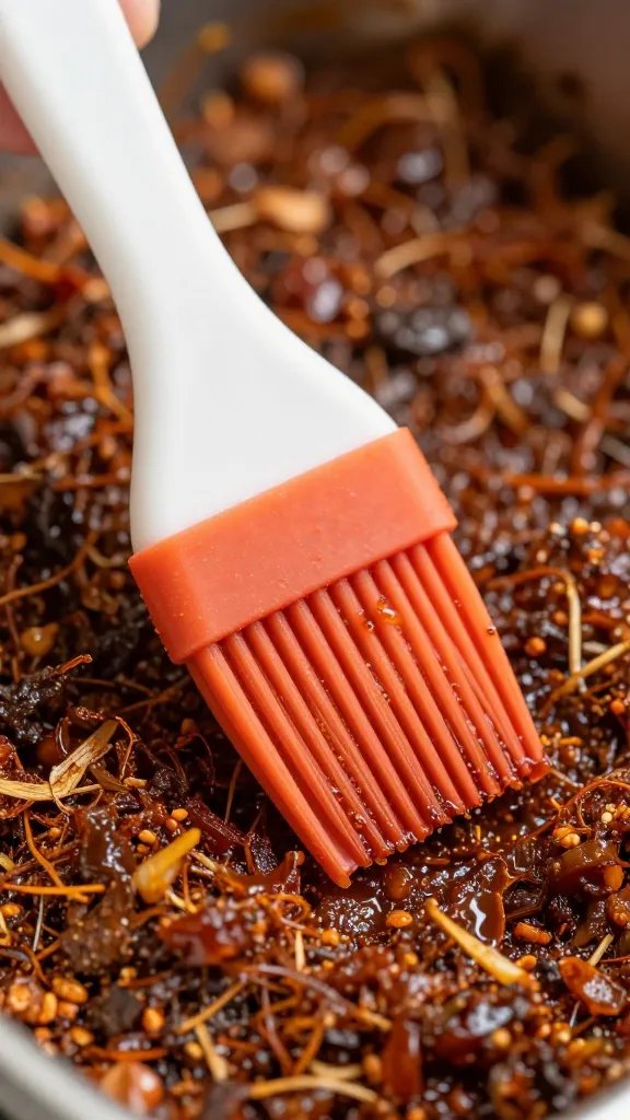 Silicone basting brush resting in dry rub, macro