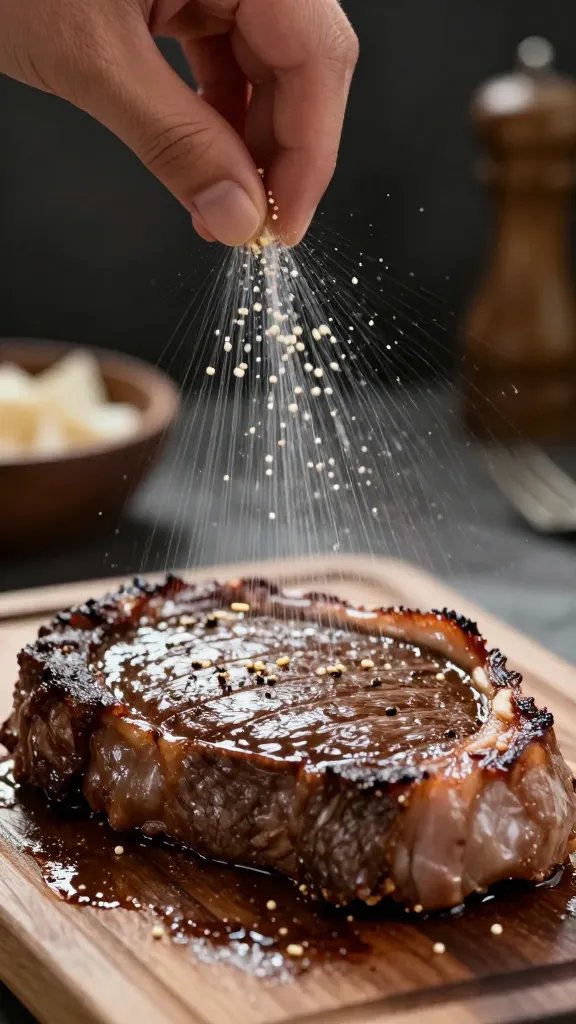 Hand sprinkling rub onto one steak, shallow depth of field