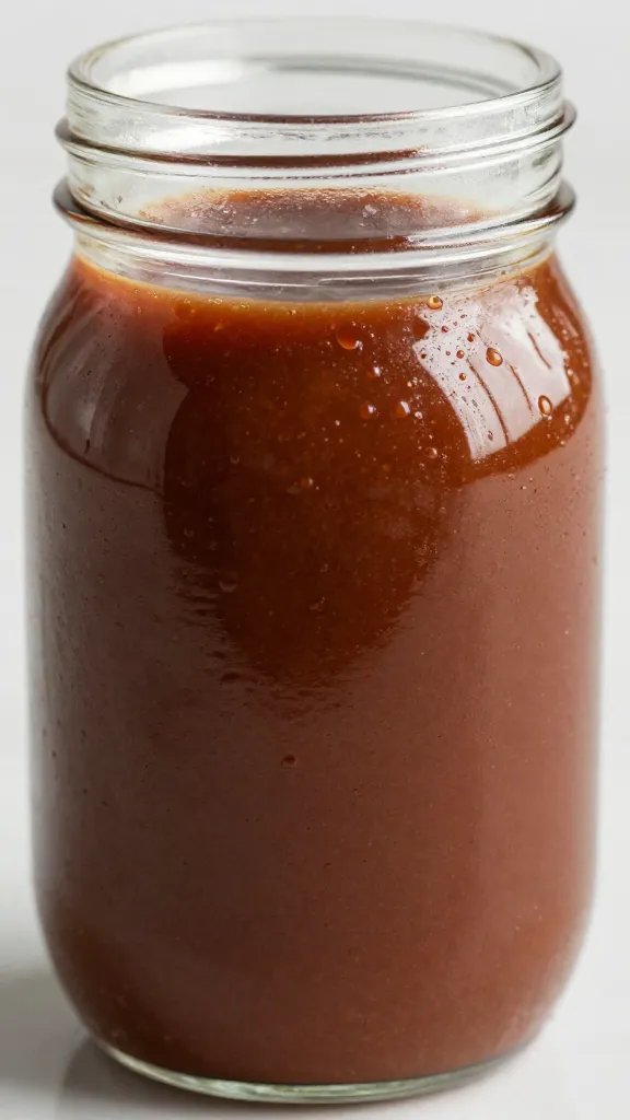 Closeup of mason jar filled with classic BBQ sauce