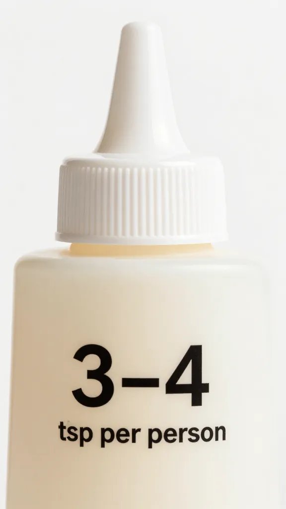 Squeeze bottle labeled “3–4 tbsp per person” closeup