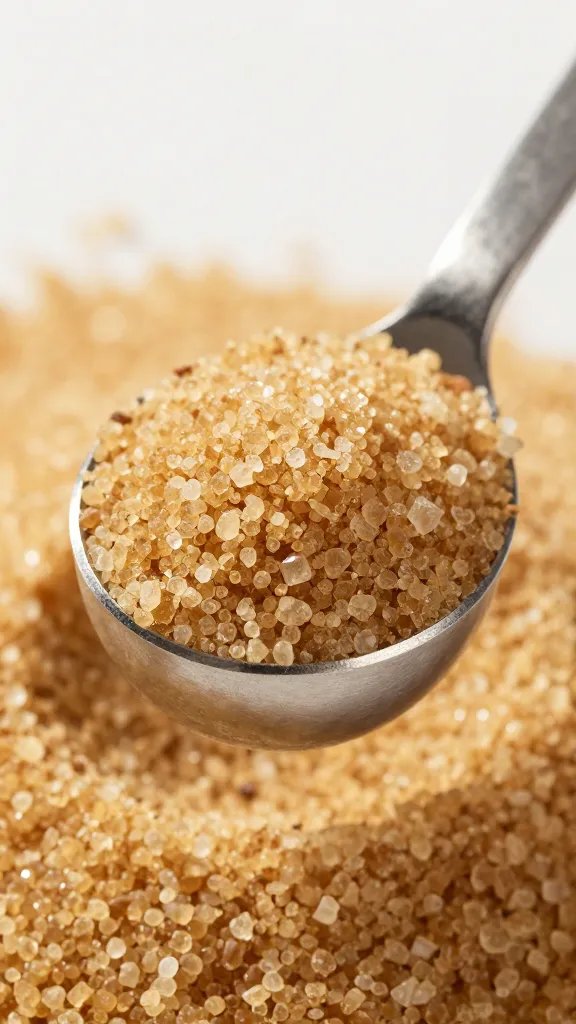 Measuring spoon heaped with brown sugar, tight macro