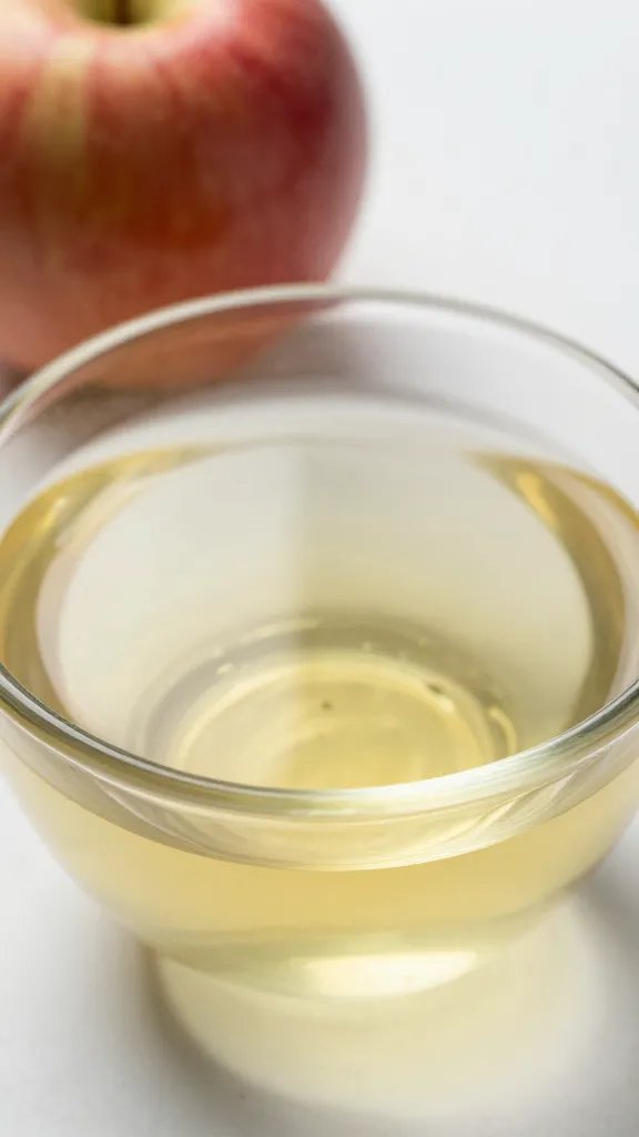Small bowl of apple cider vinegar, rim-lit closeup