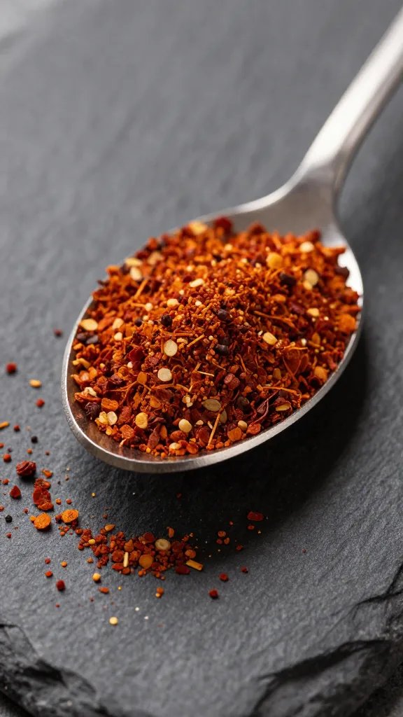 Teaspoon of smoked paprika on dark slate, macro