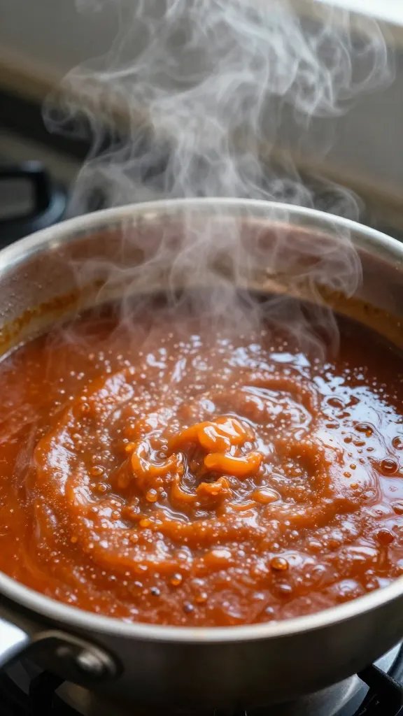 Saucepan simmering tangy Carolina sauce, steam visible