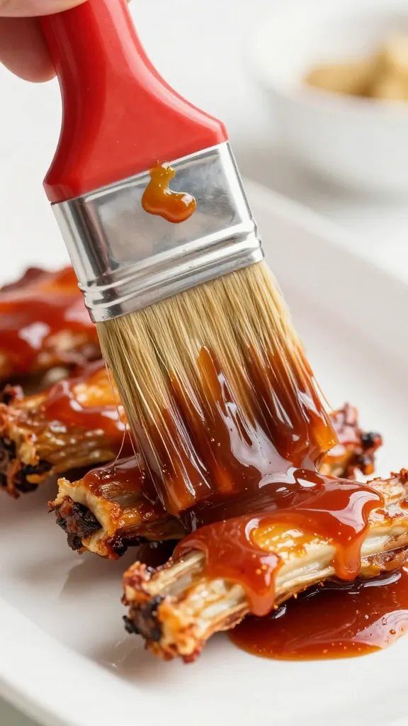 Brush glazing ribs with sweet heat sauce, tight shot