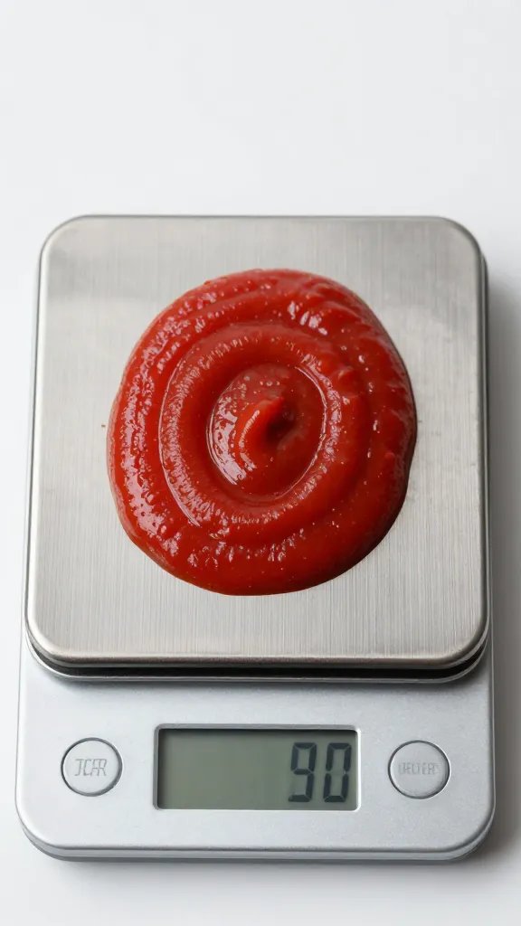 Digital kitchen scale weighing ketchup, top-down closeup