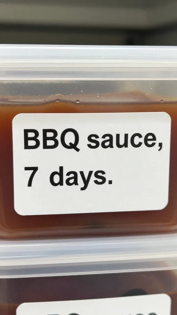 Freezer-safe container labeled “BBQ sauce, 7 days,” closeup
