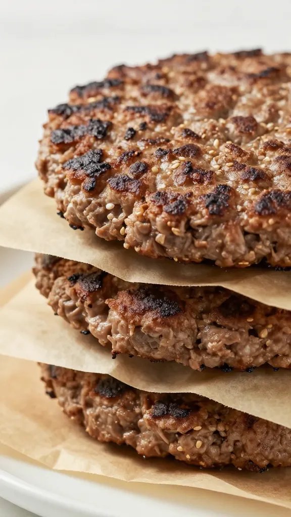 closeup of burger patties stacked with parchment