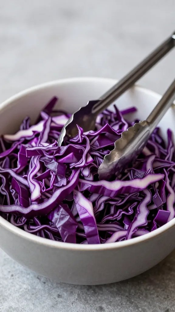 single bowl of red cabbage slaw with tongs