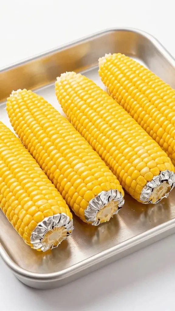 single tray of buttered corn cobs, foil-wrapped ends