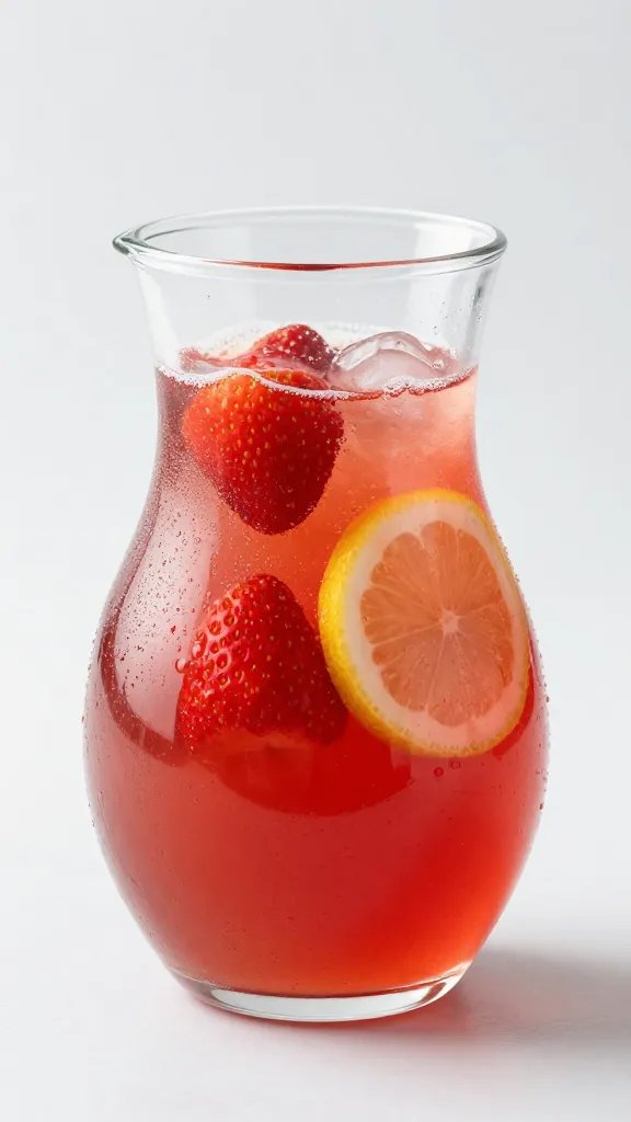 single pitcher of strawberry lemonade with condensation