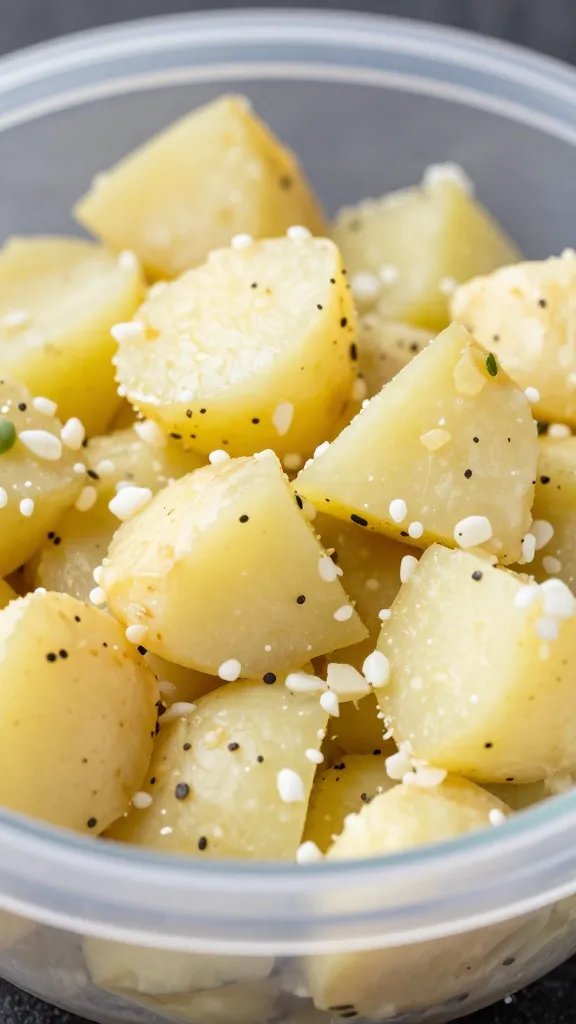 closeup of labeled meal-prep container of potato salad