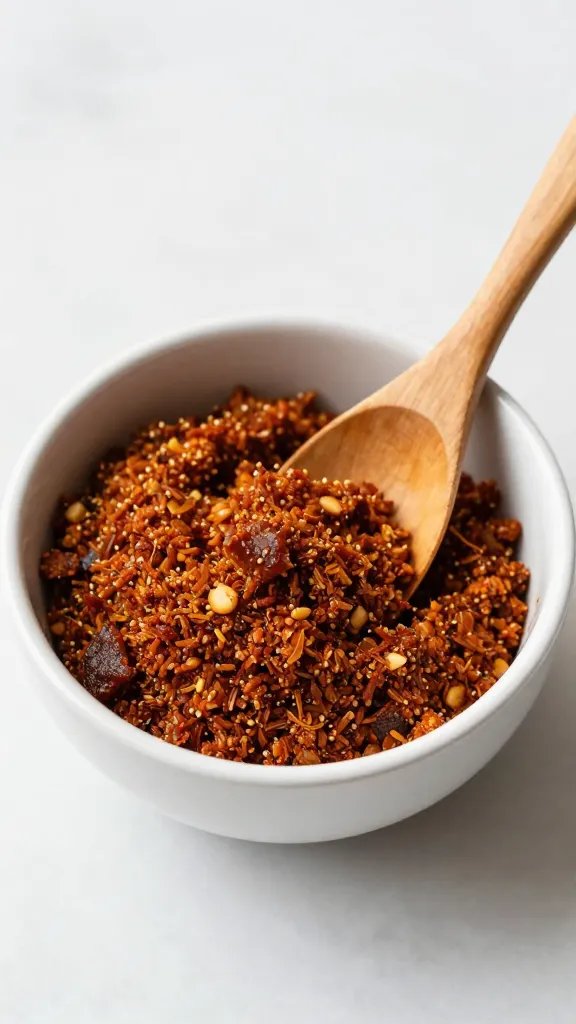 single bowl of homemade dry rub with wooden spoon