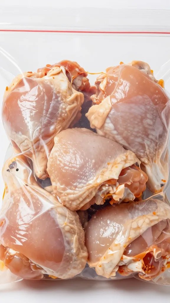 closeup of marinated chicken thighs in zip-top bag