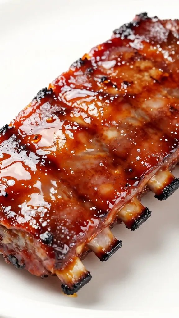 closeup of saucy grilled baby back rib, glossy glaze