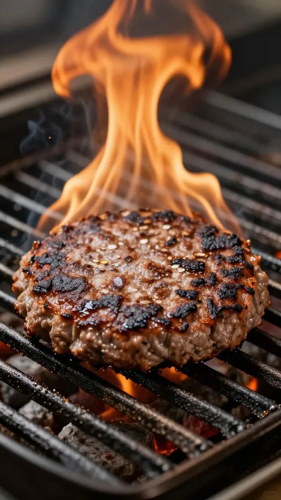 single burger patty sizzling on grill grates, flare-up