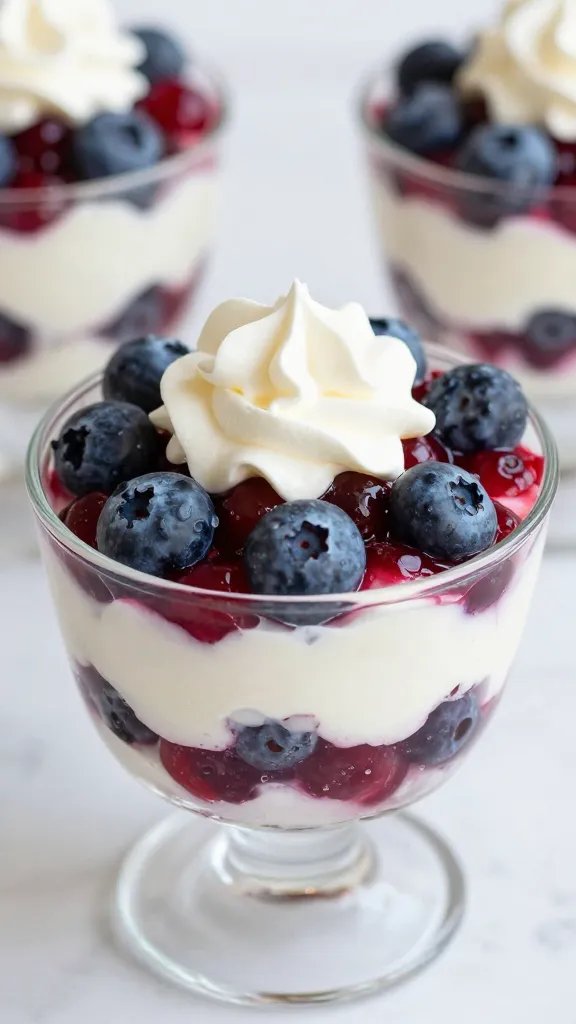 bowl of red white blue berry trifle, whipped cream peak