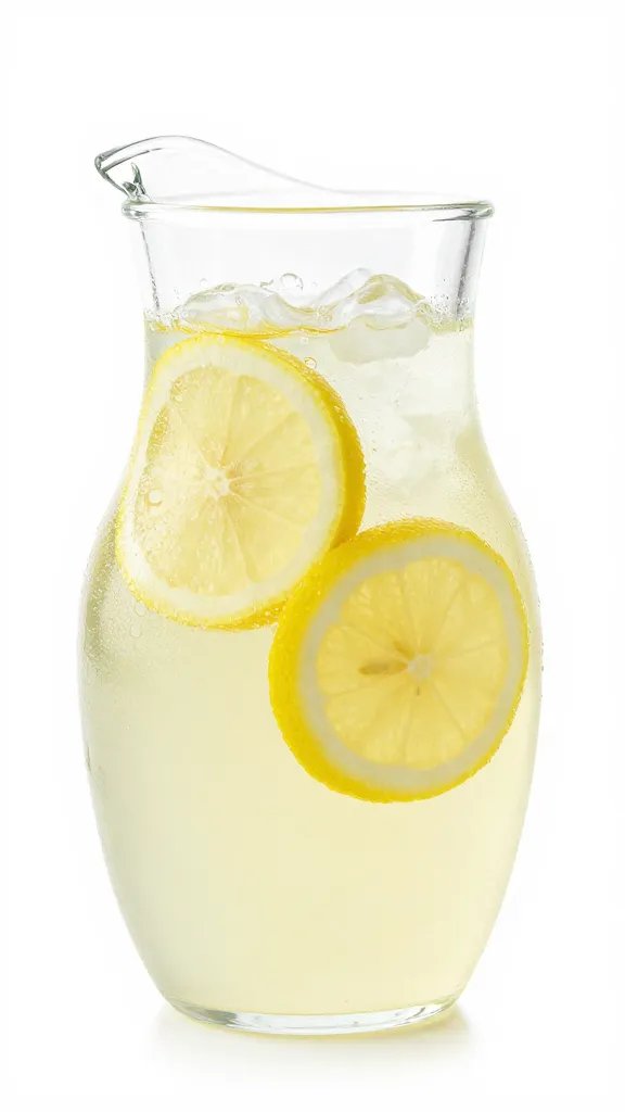 chilled pitcher of lemonade with condensation, lemon slices