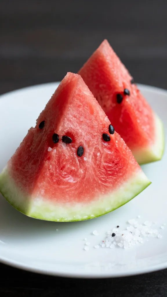 sliced watermelon wedge on white plate, coarse salt