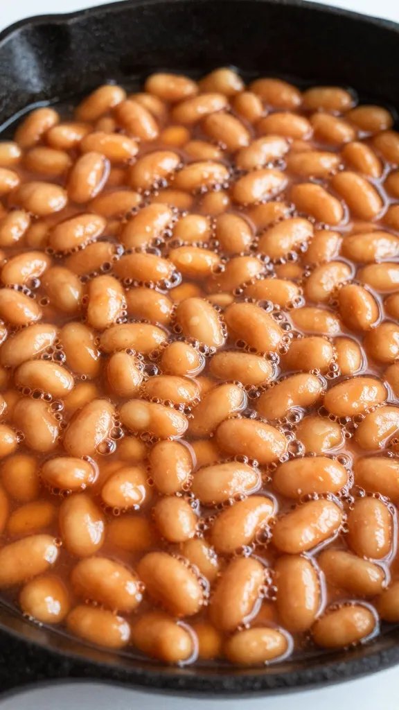 cast-iron skillet of baked beans, bubbling surface
