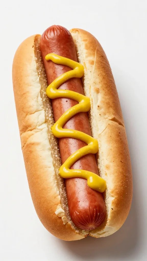 single hot dog in toasted bun, mustard zigzag