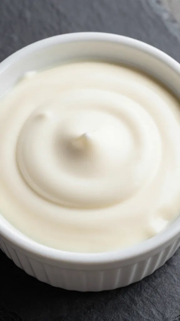 closeup ramekin of Alabama white sauce on slate