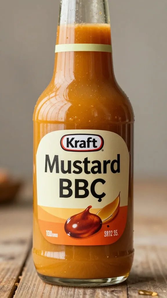 amber glass bottle of mustard BBQ sauce, kraft label