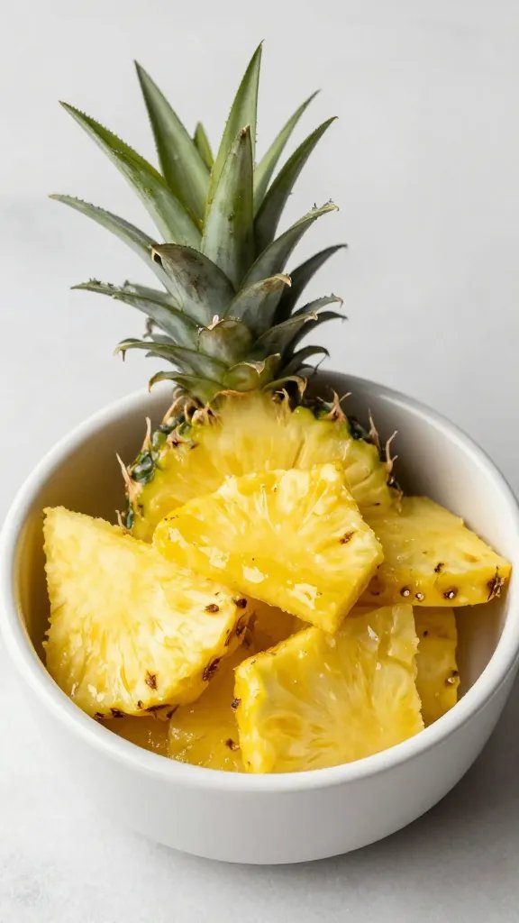small bowl of pineapple bourbon BBQ, garnish pineapple leaf
