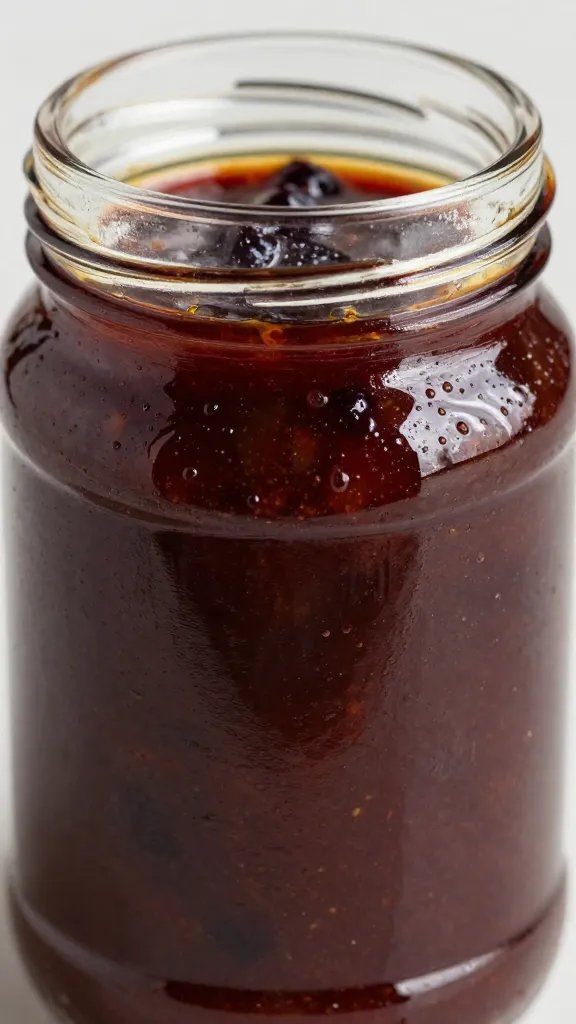 Glossy blueberry chipotle bbq sauce in glass jar, closeup