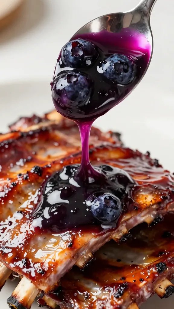 Closeup spoon drizzle of blueberry chipotle sauce over ribs