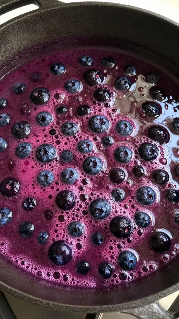 Cast-iron saucepan simmering blueberry chipotle sauce, bubbles visible